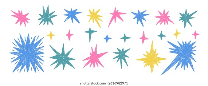 Crayon pastel explosion sparkle set. Space shine shapes and blings doodle pack. Comets and blinking. Vector hand drawn comic freehand illustration isolated on white background..