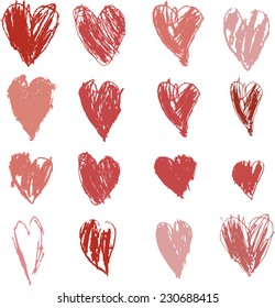 Crayon and pastel grunge hearts set. Hand drawn sketch. Vector illustration.