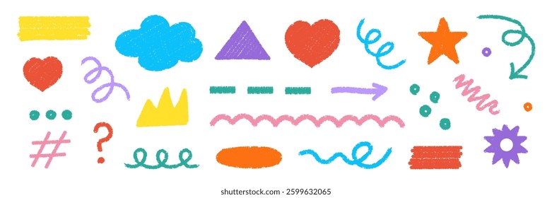 A crayon or pastel style, the vector set of colorful hand-drawn doodles with geometric shapes, squiggles, stars, hearts, arrows, and abstract elements creates a playful and naive look.
