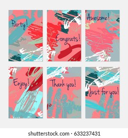 Crayon and pastel textured scribbles dots and circles.Hand drawn creative invitation or greeting cards template. Anniversary, Birthday, wedding, party, social media banners set of 6. Isolated on layer