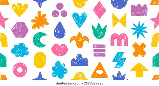 Crayon pattern. Seamless kid pencil shape background. Color children scribble with brush texture. Hand drawn geometric childish shapes. Doodle fun child abstract pattern with crayon circle flower star
