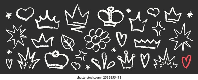 Crayon Pencil Blackboard Squiggles Vector Set. Chalk Scribble Graffiti Shapes Collection. Hand Drawn Brush Texture Hearts, Flowers Stars and Crown Squiggles. Pencil Childish Girly Charcoal Doodles