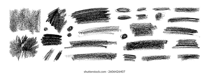 Crayon pencil brush strokes. Chalk sketch lines. Vector hand-drawn textures. Black paint marker chalk scribbles, squiggles. Pastel grainy gritty charcoal underline strike set. Wide thick stripes bg