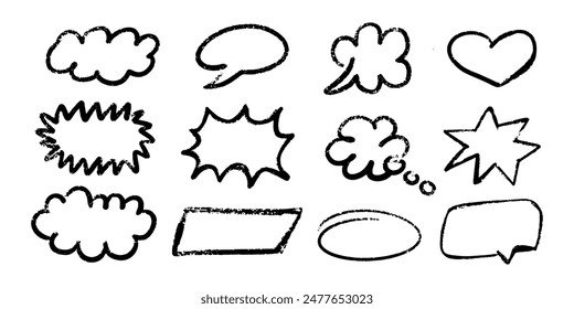 Crayon Pencil or Chalk Texture Speech bubbles and thought clouds. Black Dialogue box cloud, oval, and starburst shapes. Hand drawn highlights in doodle style. Vector illustration