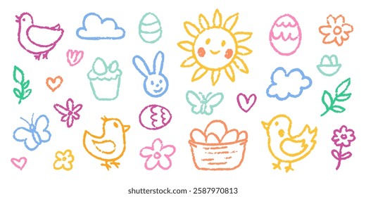 Crayon Pencil Colorful Easter Squiggles Vector Set. Chalk Scribble Spring Shapes Collection. Hand Drawn Brush Texture Holiday Flowers, Bunny and Eggs Squiggles. Pencil Childish Girly Charcoal Doodles