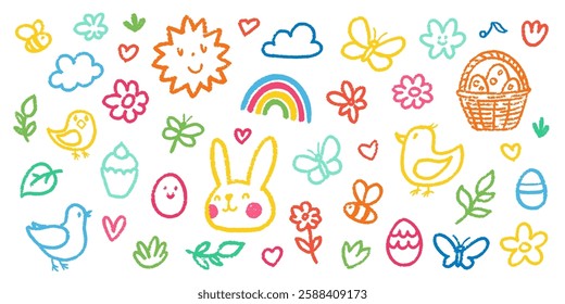 Crayon Pencil Colorful Easter Squiggles Vector Set. Chalk Scribble Spring Shapes Collection. Hand Drawn Brush Texture Holiday Flowers, Bunny and Eggs Squiggles. Pencil Childish Girly Charcoal Doodles