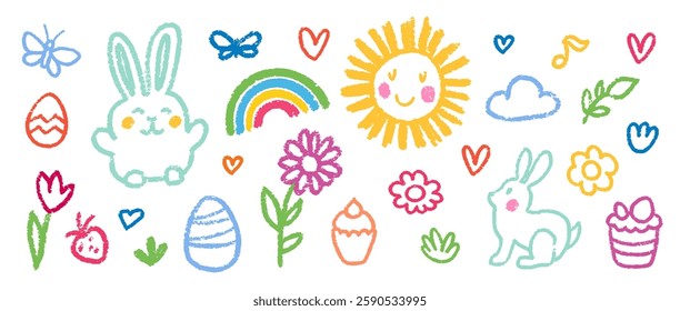 Crayon Pencil Colorful Easter Squiggles Vector Set. Chalk Scribble Spring Shapes Collection. Hand Drawn Brush Texture Holiday Flowers, Bunny and Eggs Squiggles. Pencil Childish Girly Charcoal Doodles