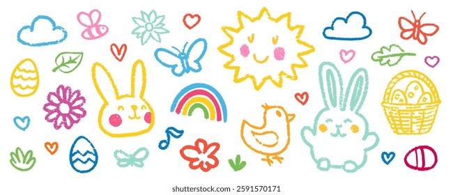 Crayon Pencil Colorful Easter Squiggles Vector Set. Chalk Scribble Spring Shapes Collection. Hand Drawn Brush Texture Holiday Flowers, Bunny and Eggs Squiggles. Pencil Childish Girly Charcoal Doodles