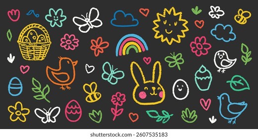 Crayon Pencil Colorful Easter Squiggles Vector Set. Chalk Scribble Spring Shapes Collection. Hand Drawn Brush Texture Holiday Flowers, Bunny and Eggs Squiggles. Pencil Childish Girly Charcoal Doodles