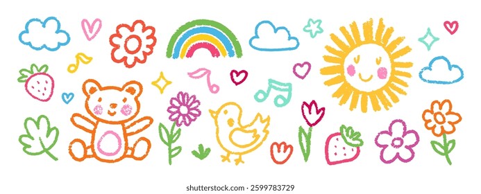 Crayon Pencil Colorful Kindergarten Squiggles Vector Set. Chalk Scribble Spring Shapes Collection. Hand Drawn Brush Texture Flowers, Animals, Hearts Squiggles. Pencil Childish Girly Charcoal Doodles