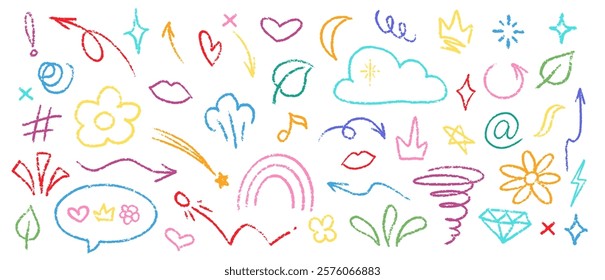 Crayon Pencil Colorful Squiggles Vector Set. Chalk Scribble Graffiti Shapes Collection. Color Hand Drawn Brush Texture Hearts, Flowers Stars and Crown Squiggles. Pencil Childish Girly Charcoal Doodles