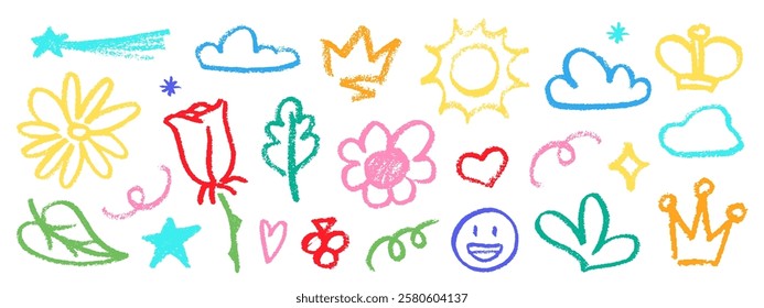 Crayon Pencil Colorful Squiggles Vector Set. Chalk Scribble Graffiti Shapes Collection. Color Hand Drawn Brush Texture Hearts, Flowers Stars and Crown Squiggles. Pencil Childish Girly Charcoal Doodles