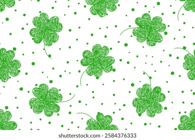 Crayon pencil drawn clover leaves, spring shamrock. Seamless pattern with green clover with four leaves and dots for Saint Patrick day on white background, vector illustration