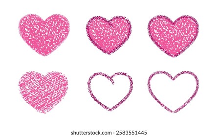 Crayon pencil drawn hearts. Pink chalk love symbol shapes. Doodle icons of cute hearts for Valentines day with crayon texture, vector illustration isolated on white background