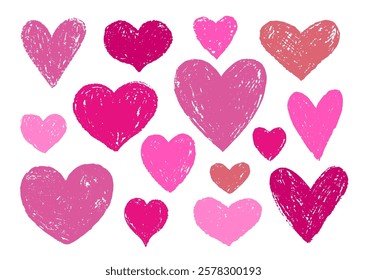 Crayon and pencil drawn textured Saint Valentine's day hearts. Romantic pink decorative element set. EPS 10 vector background.