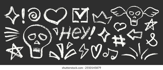 Crayon Pencil Gray Punk Rock Squiggles Vector Set. Chalk Scribble Graffiti Shapes Collection. Color Hand Drawn Brush Texture Scull, Heart, Arrow and Crown Squiggles. Pencil Elements Charcoal Doodles