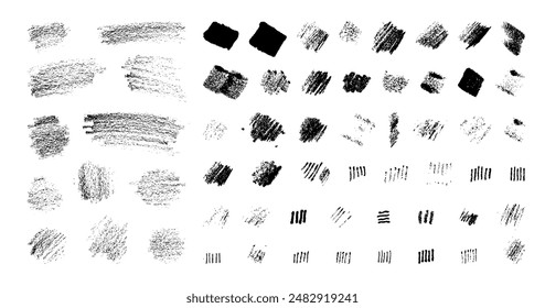 Crayon pencil handdrawn gritty vector texture collection. Grungy grainy halftone vintage hatching design elements. Black color charcoal scribbles on white background. Punk grunge hatch textures set