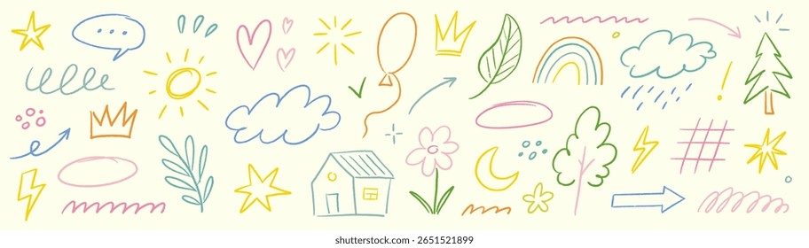 Crayon pencil kid chalk heart flower shape set. Hand drawn sketch colorful arrow, cloud, heart doodle element children crayon pencil icon. Kid chalk texture sketch style. Vector illustration