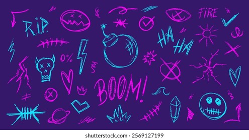 Crayon Pencil Neon Graffiti Squiggles Vector Set. Chalk Scribble Graffiti Shapes Collection. Color Hand Drawn Brush Texture Scull, Heart, Arrow and Crown Squiggles. Pencil Elements Charcoal Doodles