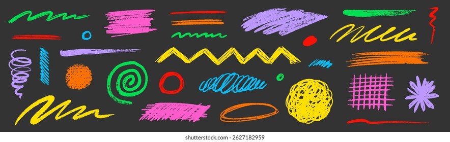 Crayon pencil scribble chalk texture brush stroke element set. Hand drawn crayon pencil brush stroke texture line color shape vector. Children color chalk scratch hand drawn style. Vector illustration