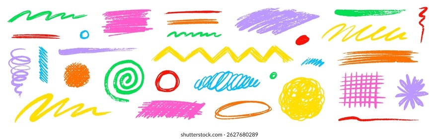 Crayon pencil scribble chalk texture brush stroke element set. Hand drawn crayon pencil brush stroke texture line color shape. Children chalk scratch hand drawn style. Vector illustration