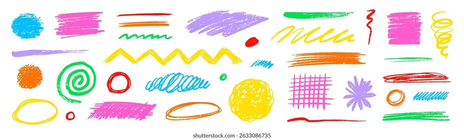 Crayon pencil scribble chalk texture brush stroke element set. Hand drawn crayon pencil brush stroke texture line color shape vector. Children color chalk scratch hand drawn style. Vector illustration