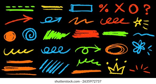 Crayon pencil scribble chalk texture brush stroke element set. Hand drawn crayon pencil brush stroke texture line color shape vector. Children color chalk scratch hand drawn style. Vector illustration
