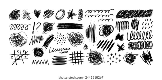 Crayon Pencil Scribble Textures and Shapes. Children's Charcoal Hand Drawn Doodle Scratches. Vector Elements of Waves, Squiggles, Circles, Lines, Dots, Scratches for Patterns, Templates, Web Design