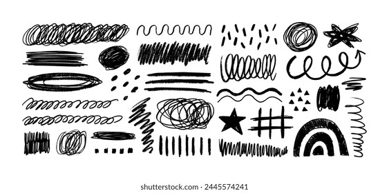 Crayon Pencil Scribble Textures and Shapes. Children's Charcoal Hand Drawn Doodle Scratches. Vector Elements of Waves, Squiggles, Circles, Lines, Dots, Star, Scratches for Patterns, Templates, Design