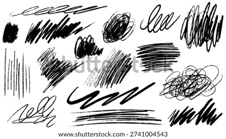 Crayon pencil scribbles, curved lines and messy doodles. Hand drawn pencil curly brush strokes, squiggles, tangle thin rough lines. Vector charcoal freehand stripes and ink shapes sketch texture.