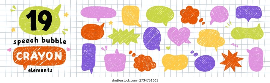 Crayon pencil speech bubbles doodle set. Chalk blue pen communication frame, comic talk balloon in sketch style. Hand drawn vector illustration on white checkered notebook paper background