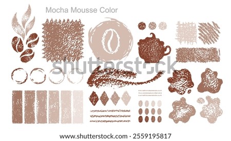 Crayon pencil stains and coffee beans in mocha mousse color of year 2025. Pastel scribbles, underline strokes, abstract shapes and charcoal texture bg. Mocha mousse color sketches, vector illustration