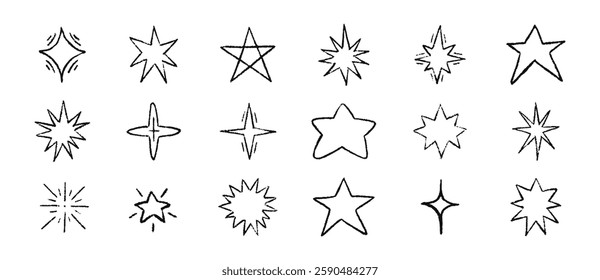 Crayon pencil stars hand drawn set in sketch style. Vector doodle texture illustration