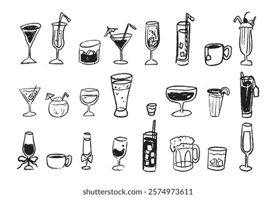 Crayon, pencil texture silhouette line of drinks. Doodle cartoon sketch style. Alcohol, wine, coffee, tea, milkshake and more with childish drawing