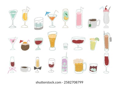 Crayon, pencil texture silhouette line of drinks. Doodle cartoon sketch style. Cocktail, alcohol, wine, coffee, tea, milkshake and more with childish drawing