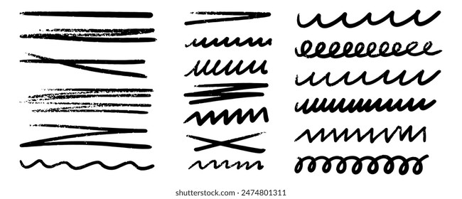 Crayon pencil texture squiggles, lines black colors. Various underlines, strikethrough, wavy rough lines. Horizontal scribble brush stroke collection. Vector doodle childish illustration