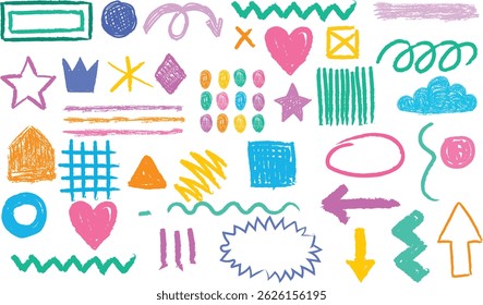 Conjunto de vetor lápis de giz de cera. Formas e linhas de cores com textura de pincel. Plano de fundo de pintura de doodle com elementos desenhados à mão giz. Esboço criança rabiscar, crianças abstratas bg. Forma de giz de cera, coração de círculo de seta
