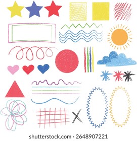 Crayon pencil vector set. Color lines and shapes with brush texture. Doodle paint background with chalk hand drawn elements. Sketch kid scribble, abstract children. Crayon shape, arrow circle heart