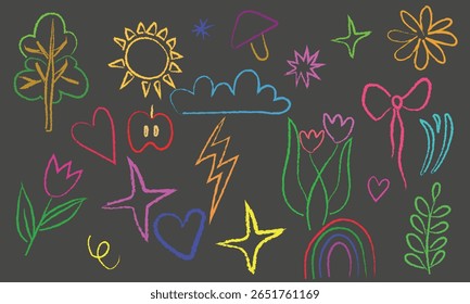 Crayon pencil vector set. Color lines and shapes with brush texture. Doodle paint background with chalk hand drawn elements. Sketch kid scribble, abstract children bg. Crayon shape, cloud, sun, star,