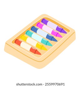 Crayon pencils. Drawing sticks, wax supplies. Painting accessories for fine art. Stationery, oil pastel, colored pigments. Flat graphic vector illustration isolated on white background