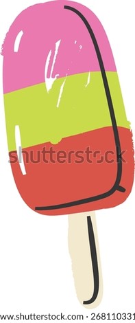 A crayon popsicle with three colorful layers and a wooden stick in a cartoon style. The ice cream bar features bold outlines and vibrant sections on a simple background. Cartoon vector illustration.