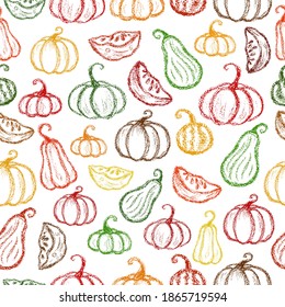 Crayon pumpkins pattern. Children drawing chalk style pumpkin print. Hand drawn wax crayons art on white backdrop. Chalk style isolated pumpkin. Color pastel crayons  freehand drawn chalk line pumpkin