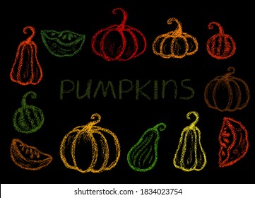Calabazas de caramelo. Los niños dibujan calabaza tipo tiza. Dibujo de crayones de cera dibujado a mano sobre fondo negro. Calabaza aislada de estilo chalk. Color pastel de los cañones libre y verdura dibujada.Calabaza de la línea de chalk