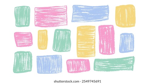 Crayon rectangle shape for text. Chalk blank templates. Scribble naive style geometric elements. Square frames for collage. Hand drawn vector illustration set on white background.