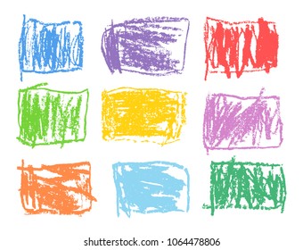 Crayon rectangular colorful vector shapes set. Like kid`s drawn art strokes abstract square design elements. Like child`s drawn pencil wax pastel chalk background. Funny childlike hand drawing banner