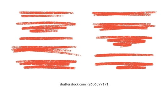 Crayon red brush stroke lines and underlines set - hand painted grunge borders, rough edges paint streaks. Ink sketch highlighting elements, text dividers and accents for banners design.