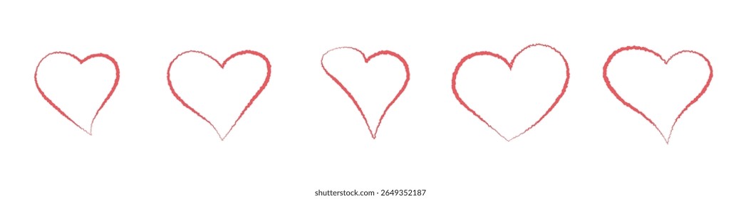 Crayon red heart set handdrawn isolated. Rough edge love shapes for valentines card, for message, sticker, etc. Chaulk pastel brush jagged in old grange style, vector illustration.
