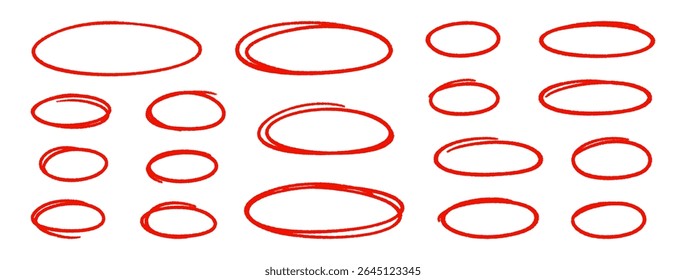 Crayon red outline ovals or ellipses set. Pencil hand drawn emphasis elements, freehand line art frames. Doodle style chalk sketches, round shapes on white background. Vector illustration