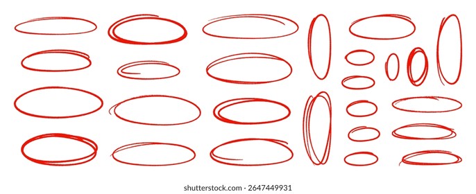 Crayon red outline ovals or ellipses set. Pencil hand drawn emphasis elements, freehand line art frames. Doodle style chalk sketches, round shapes on white background. Vector illustration