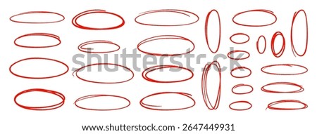 Crayon red outline ovals or ellipses set. Pencil hand drawn emphasis elements, freehand line art frames. Doodle style chalk sketches, round shapes on white background. Vector illustration